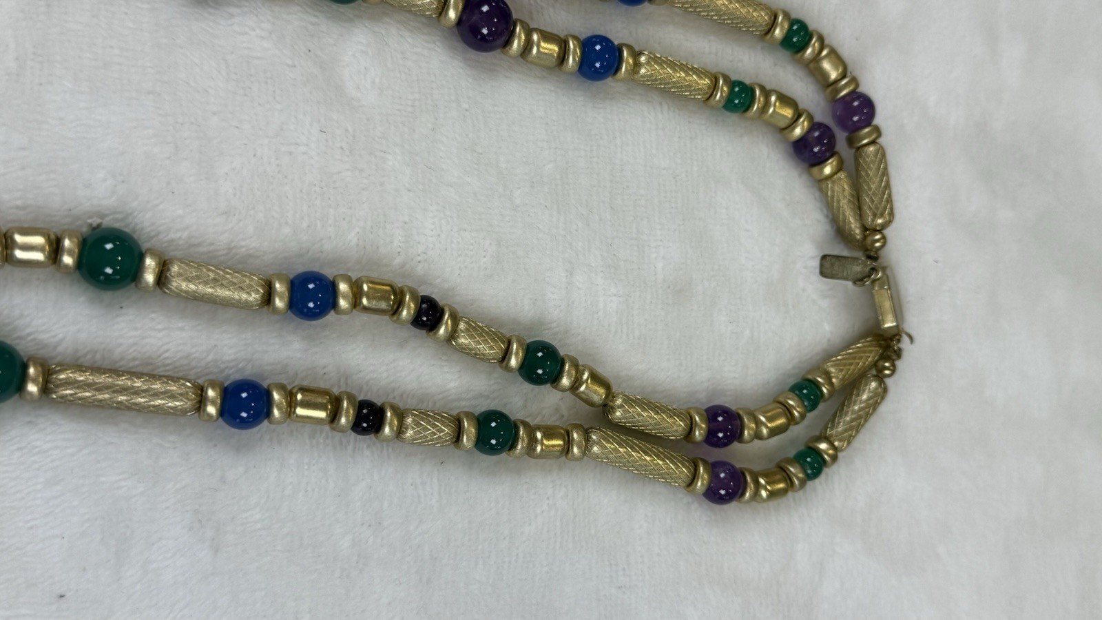 Vintage Sterling Clasp Beaded Necklace Gold Tone Purple Blue Green 2 Strand