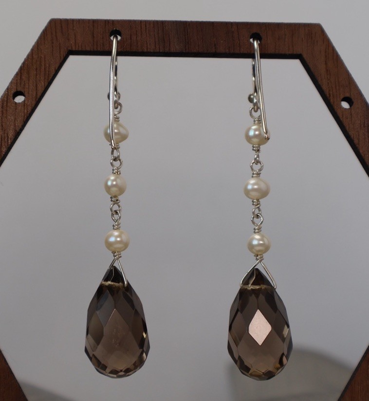 Barse 925 Smokey Quartz & Pearl Dangle Earrings 8.01G / 2.3in