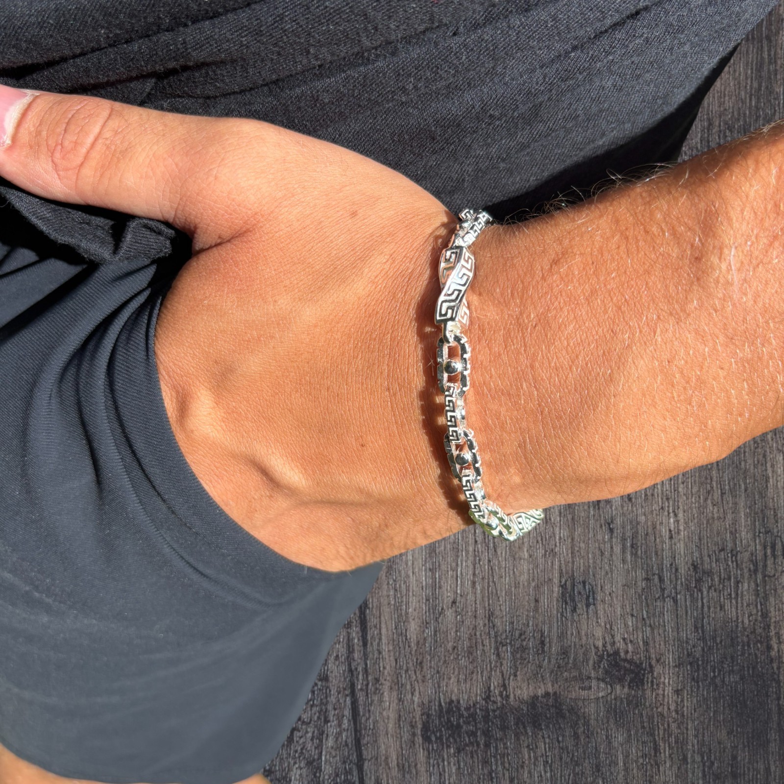 7mm Greek Key Rolo Link Bracelet – Real Solid 925 Sterling Silver MADFE IN ITALY