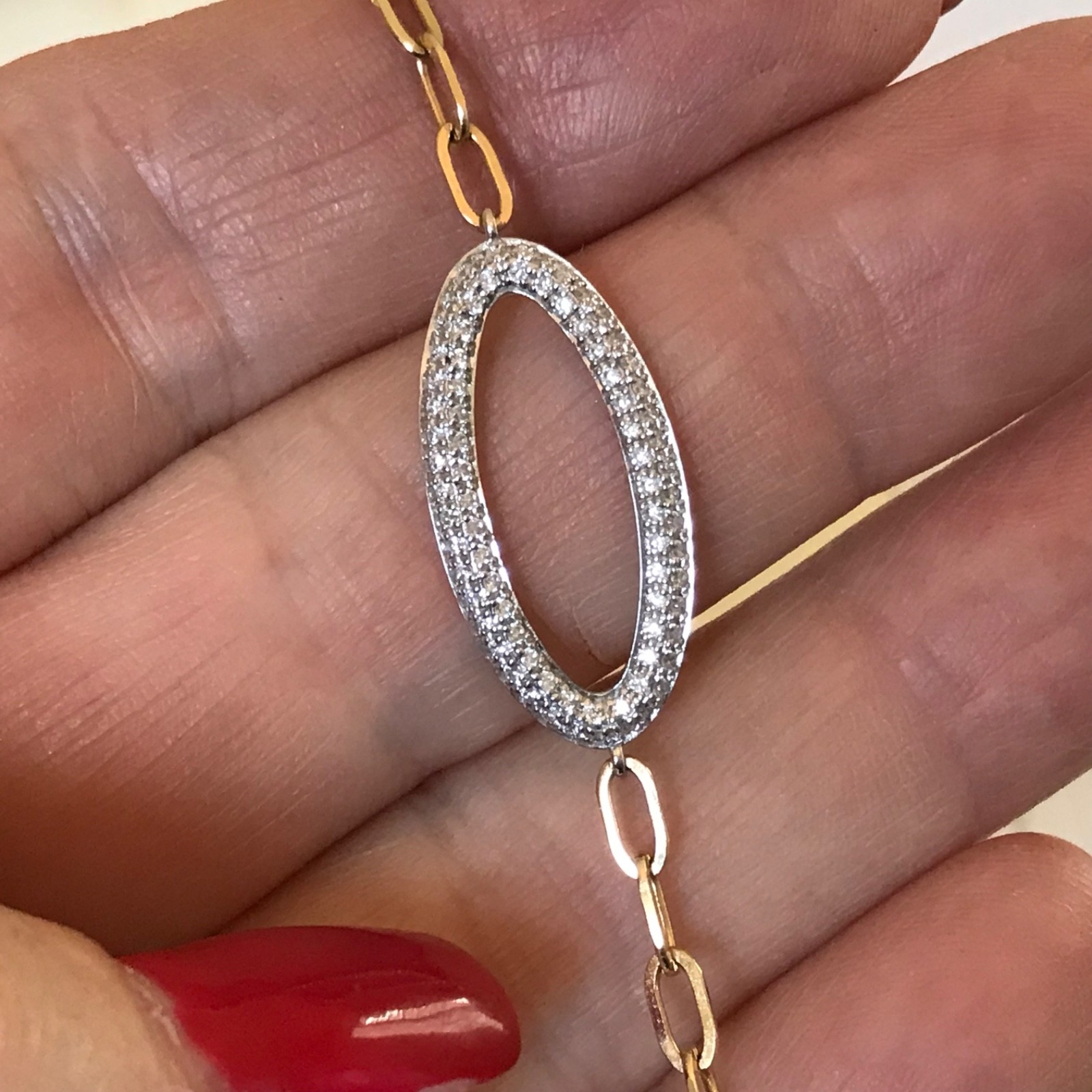 effy 14k diamond bracelet 7″ paperclip D ORO OVAL YELLOW GOLD WHITE GOLD chain