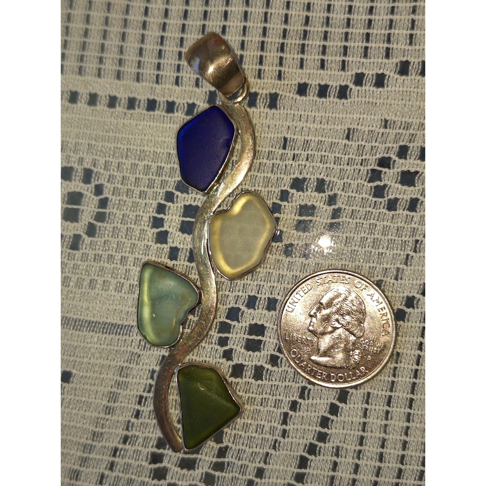 925 Silver Wave Pendant with Blue, Yellow and Green Sea Glass Inlays