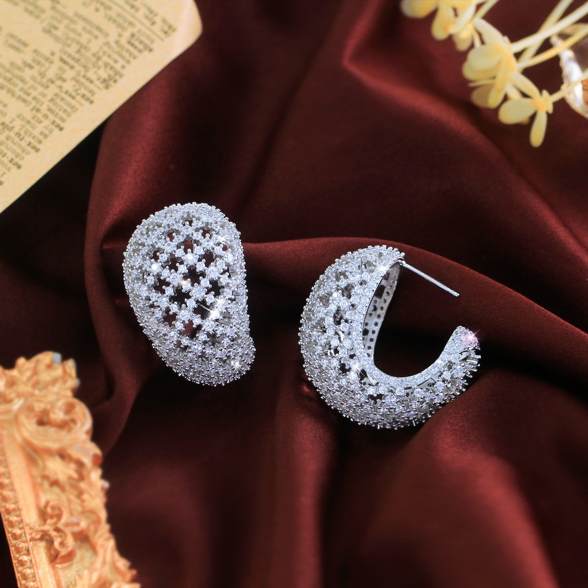 Luxurious Gold Plated Cubic Zirconia Curved Drop Hoop Earrings for Women Wedding