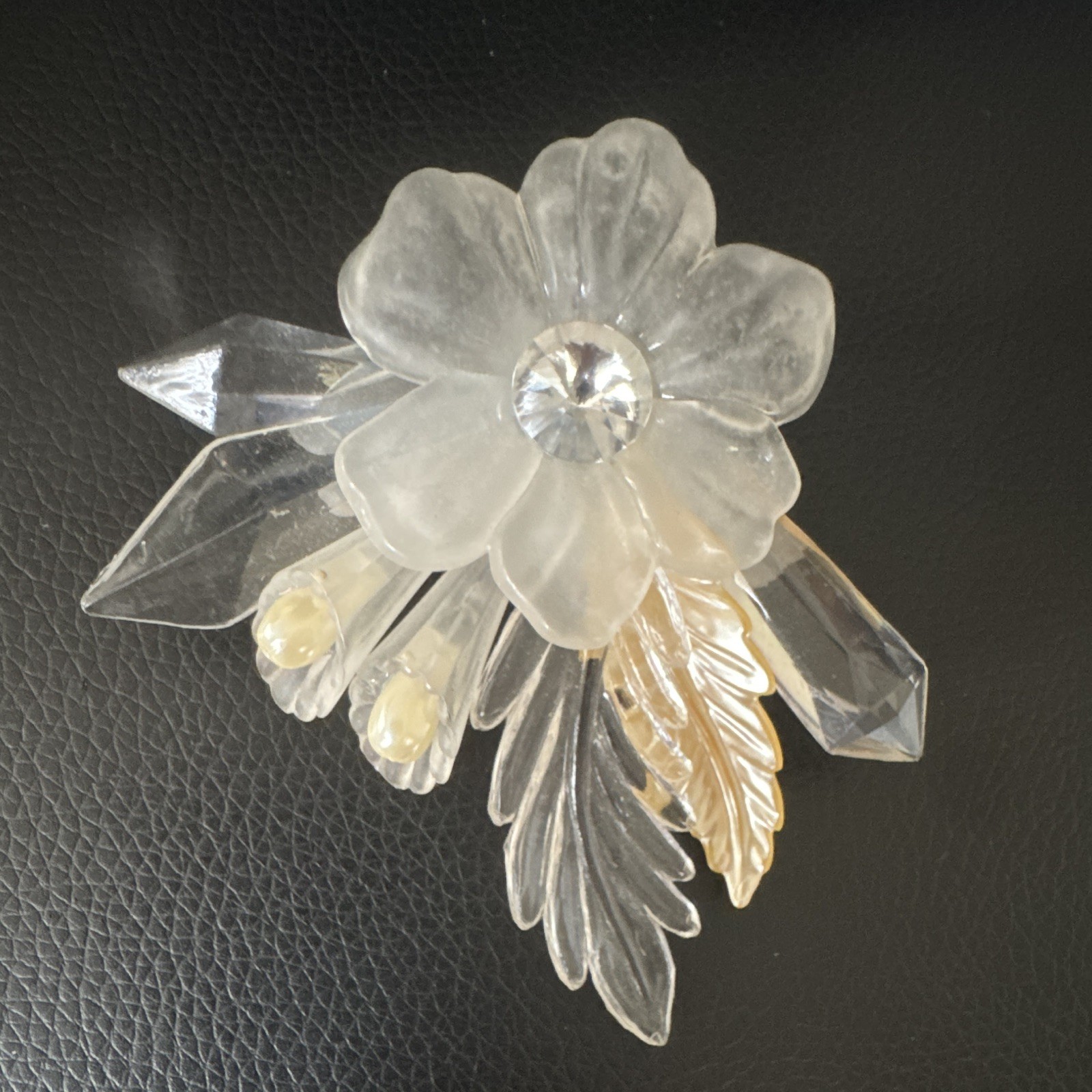 Clear Gold Tone Flower Brooch Pin w/ Clear Round Simulated Rhinestone Center
