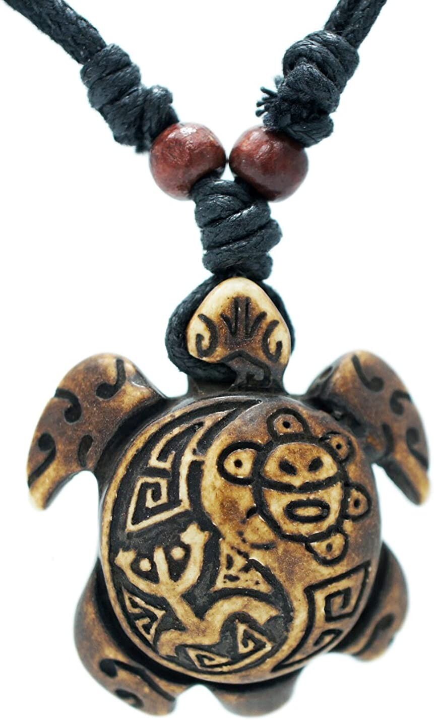Lot of 2, White & Brown Wood Turtle Pendant Rope Necklace, Sun, Cotton Cord