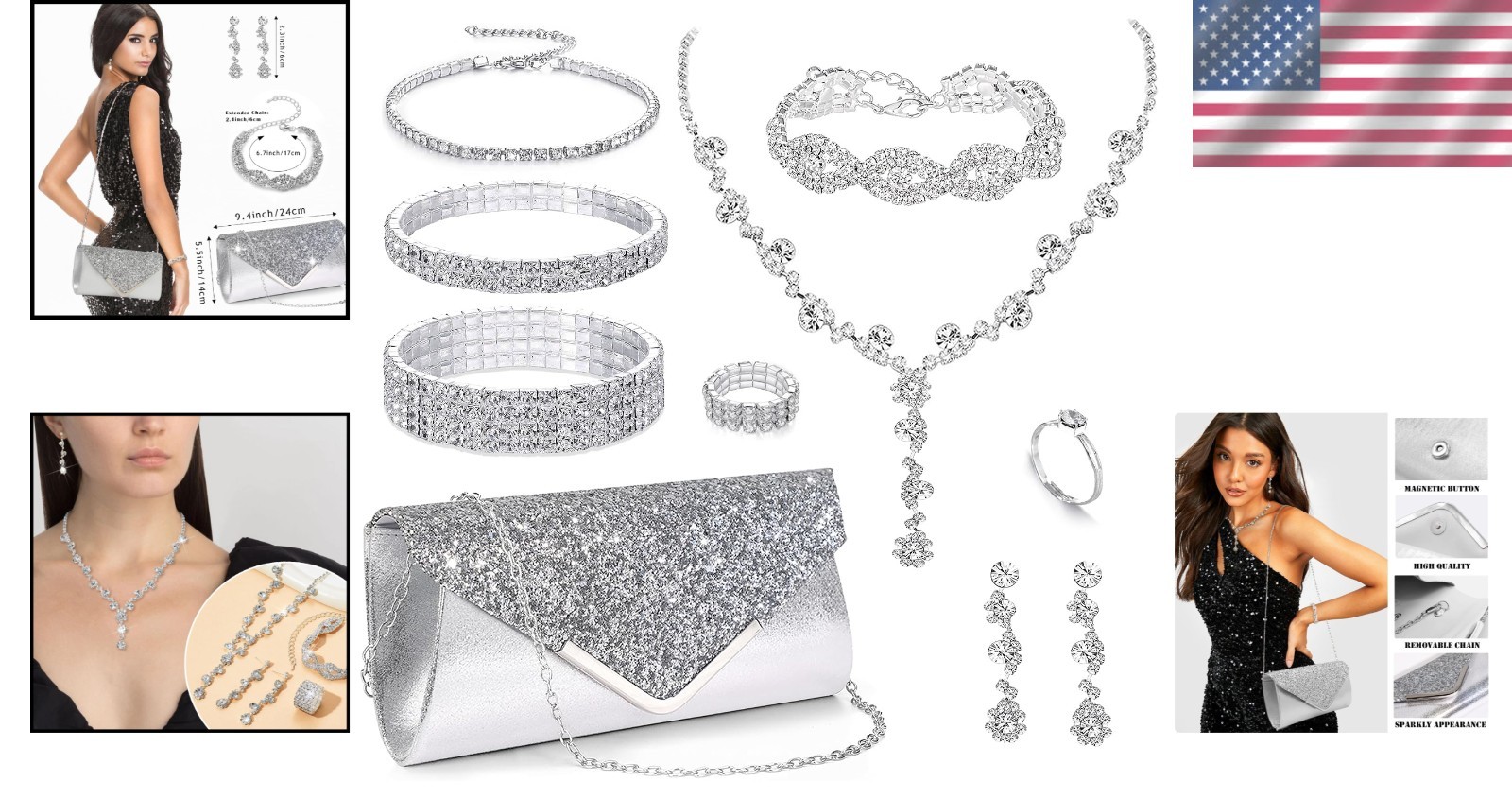 Hypoallergenic 10 pcs Silvery Rhinestone Jewelry Set – Perfect for Formal Events
