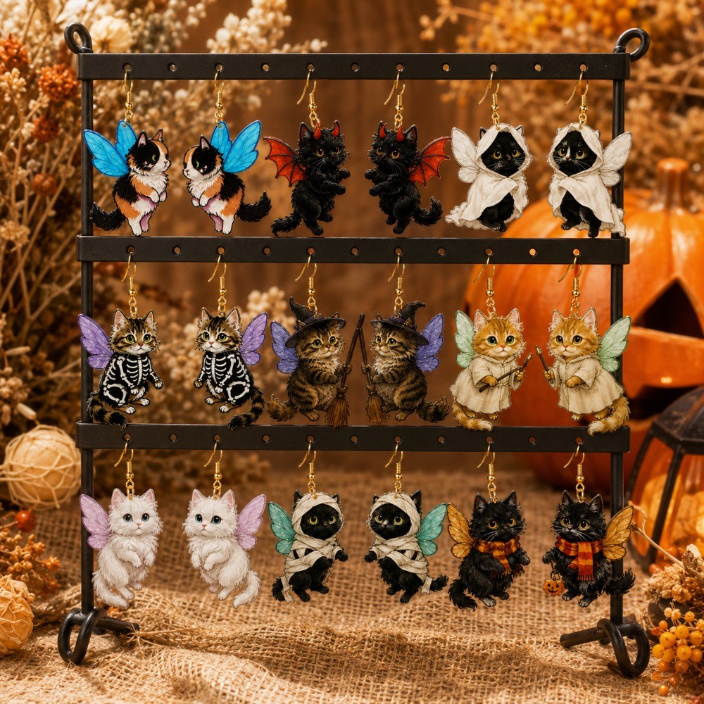 9 Pairs of Creative Winged Cat Acrylic Earrings,fun Cartoon Cat Acrylic Earrings