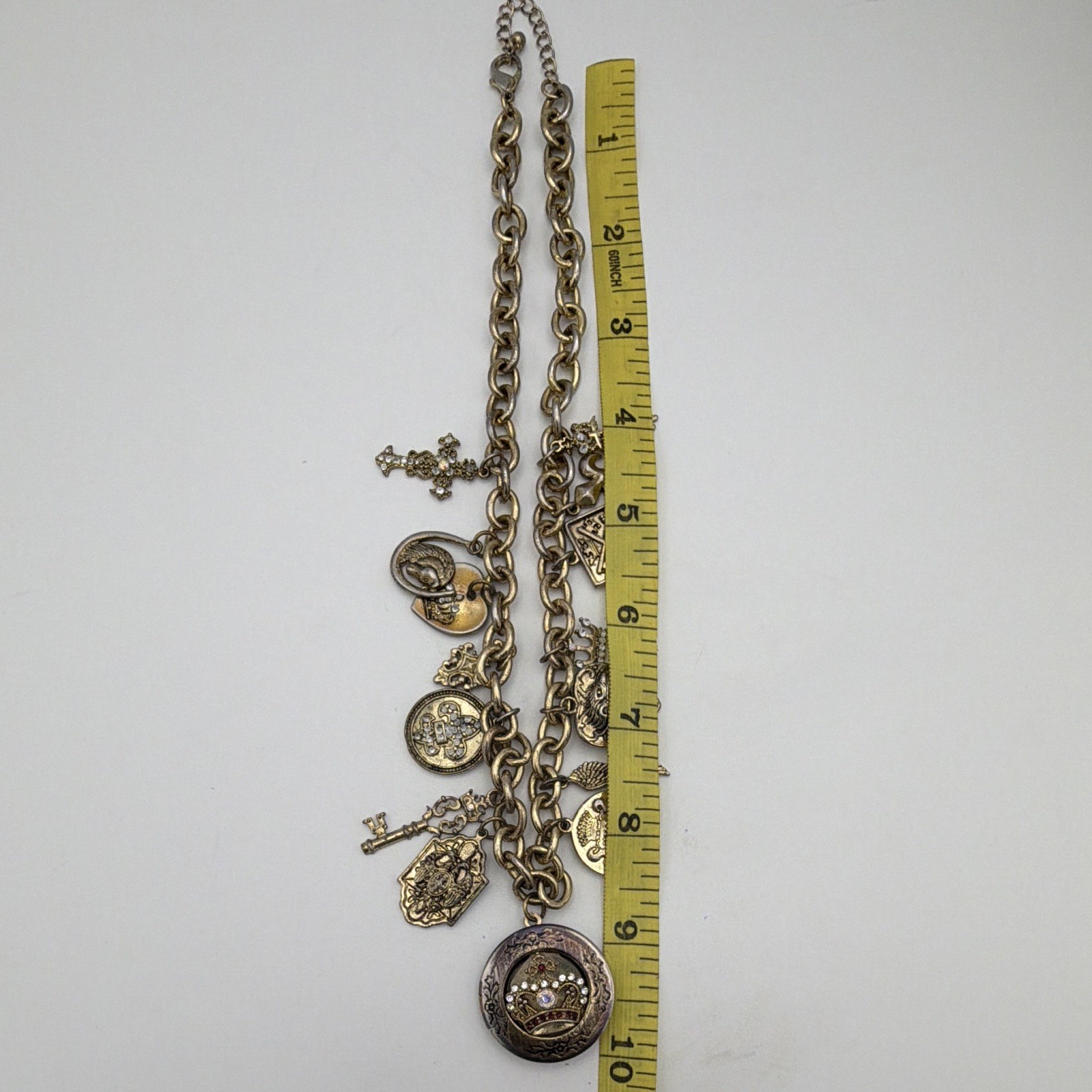 Gold Tone Cable Chain Crown Medallion Crystal Charm Necklace 20-22 inches