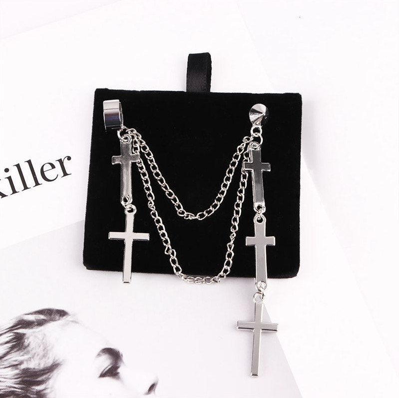 Gothic Punk Cuff Dangle Drop Cross Earrings-Long Chain Stud Tassel, Gift, Silver