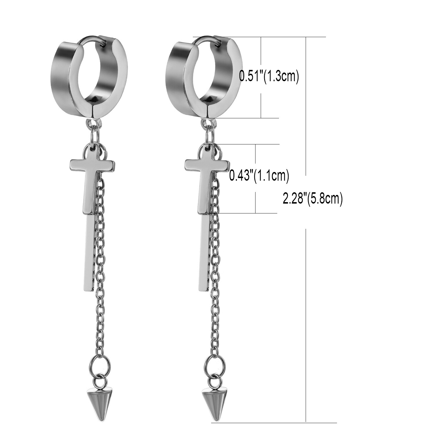 2-6pcs Unisex Long Dangle Cross Spike Huggie Hoop Stainless Steel Stud Earrings