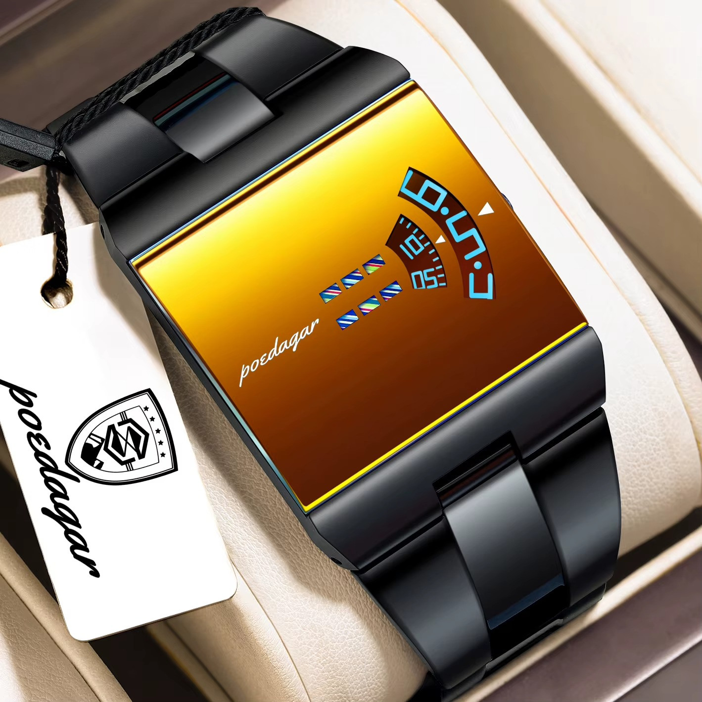 Men’s Watch Stainless Steel Quartz Waterproof Rectangle Luxury Stylish POEDAGAR