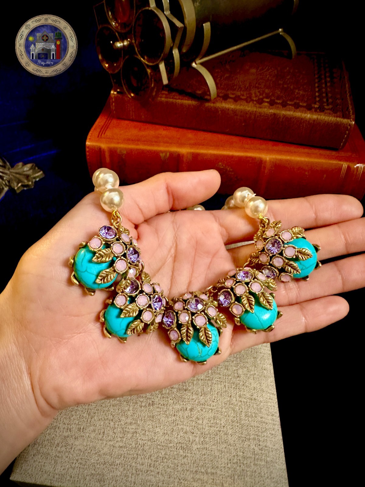 Sea Green Pearl Beaded Floral Vintage Style Necklace Antique Brass Tone