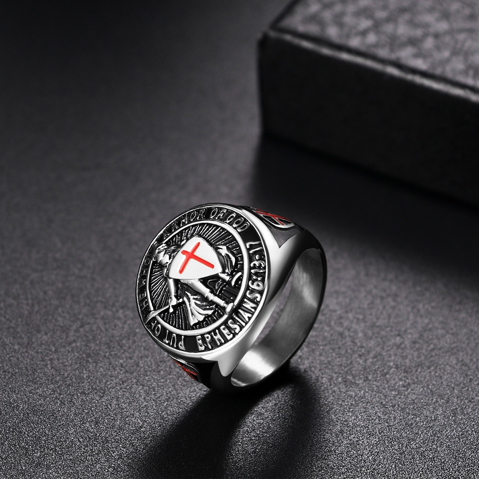 Men Archangel St Michael Shield Guardian Stainless Steel Signet Ring #8-13