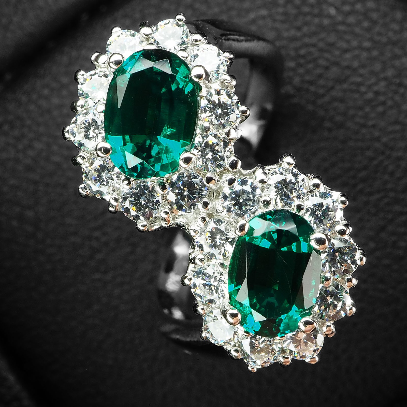 Duo Stone Vivid Green Emerald 1.60Ct 925 Sterling Silver Two Stone Floral Rings
