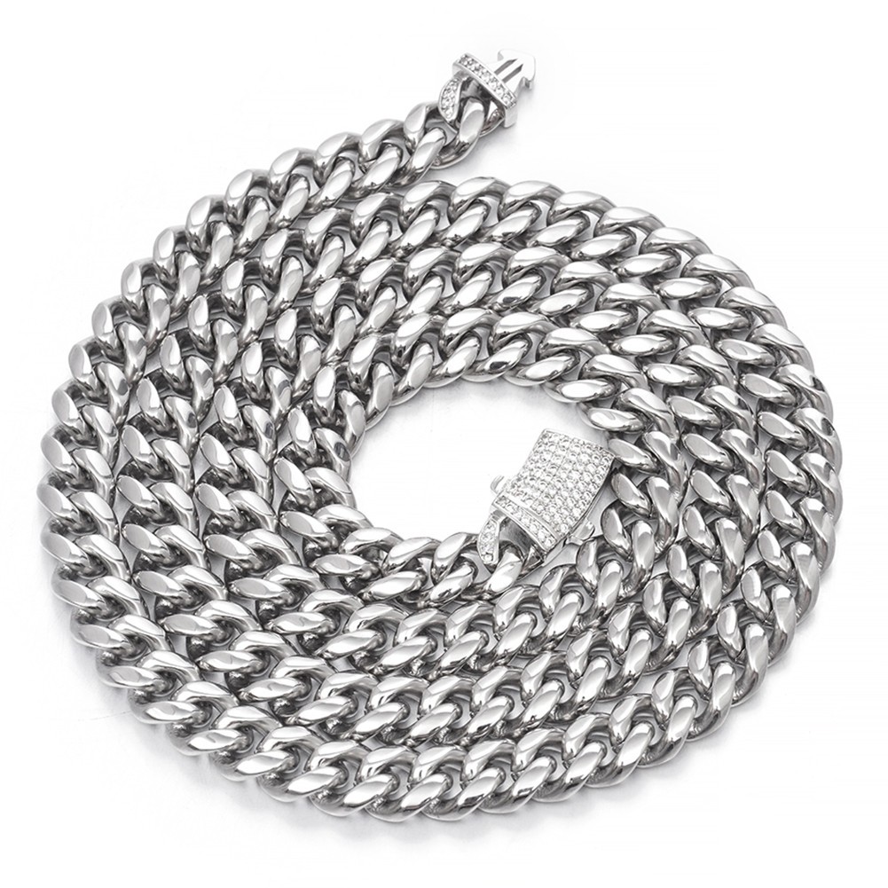 8/10/12/14mm Women Men’s Stainless Steel Cuban Link Chain Necklace Bling Lock