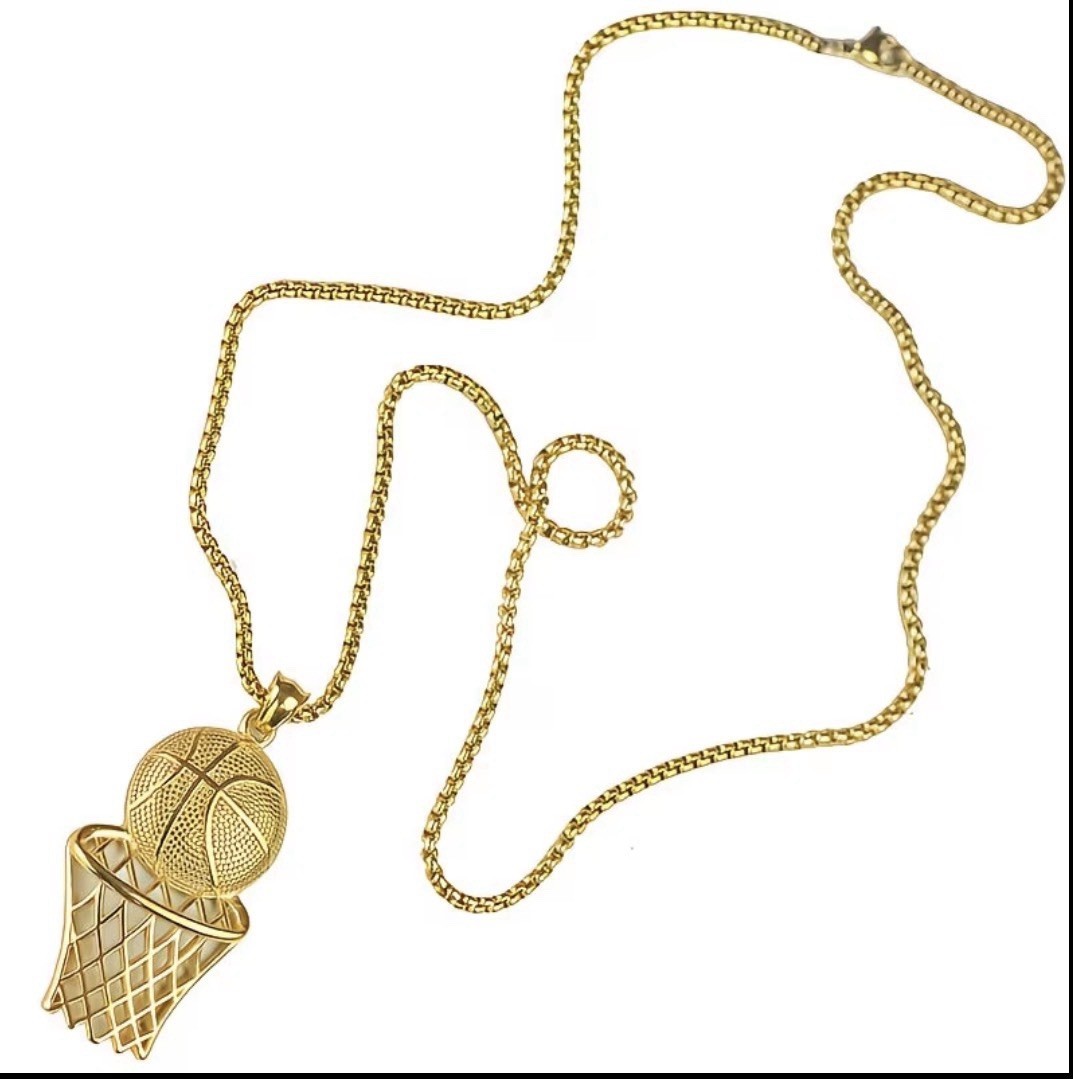 Golden Basketball Hoop Charm Pendant Necklace Rope Chain 23.62in Sports