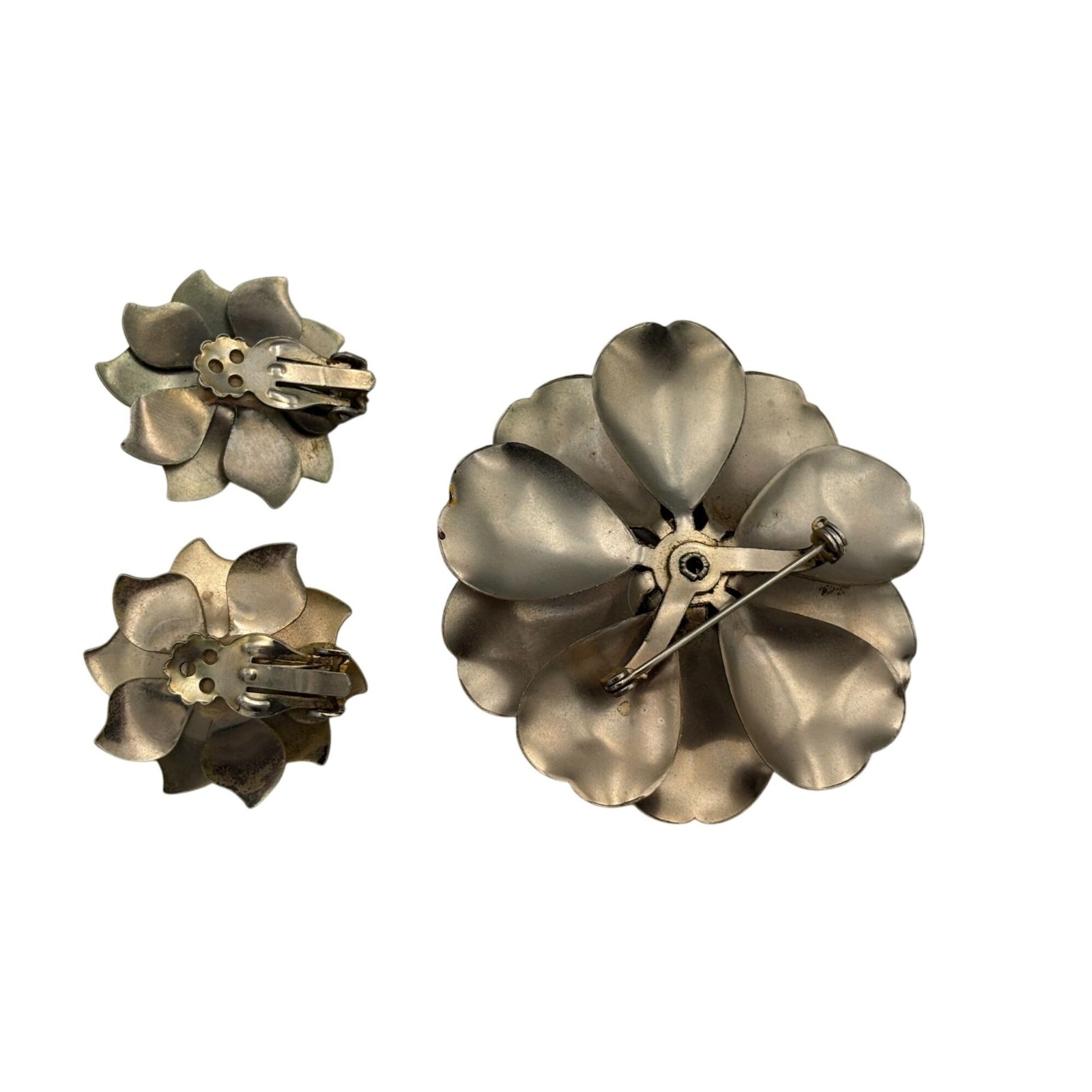 Vintage Brown Metal and Enamel 3D Floral Pin Brooch & Clip-On Earrings Set