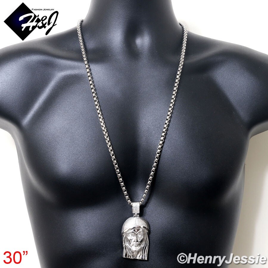30″MEN Stainless Steel 5mm Silver Box Link Chain BIG ICY CZ Jesus Pendant*IP143