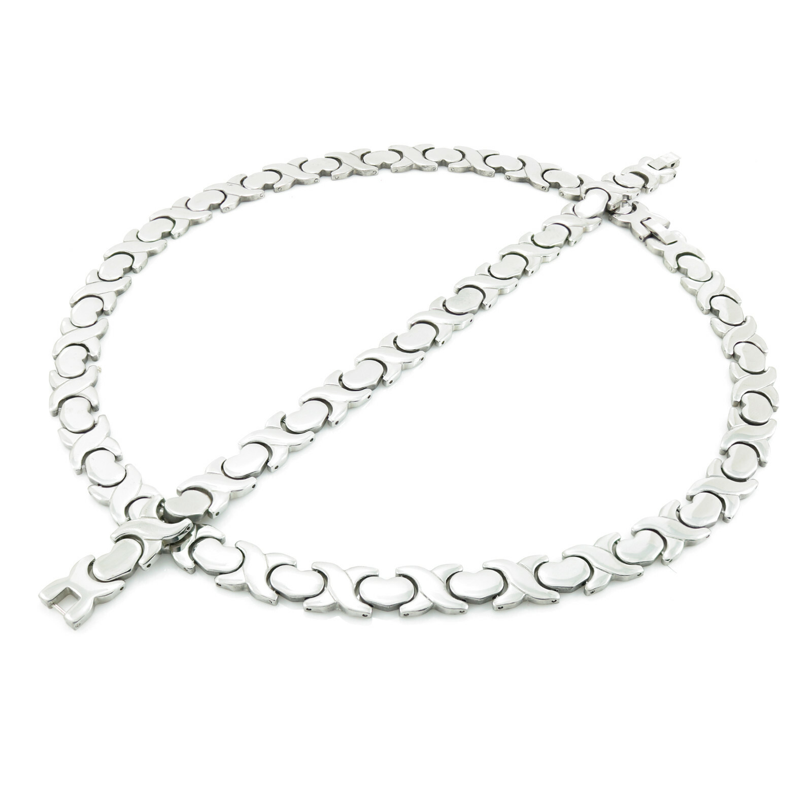 Hugs & Kisses 11mm Wide XOXO Necklace Bracelet Set Stainless Steel Stampato 18″