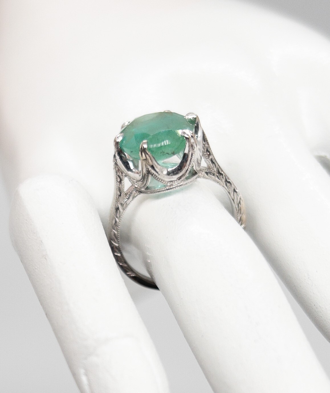 Designer $14,000 8ct Natural Emerald 18k White Gold Palladium Ring SIGNED