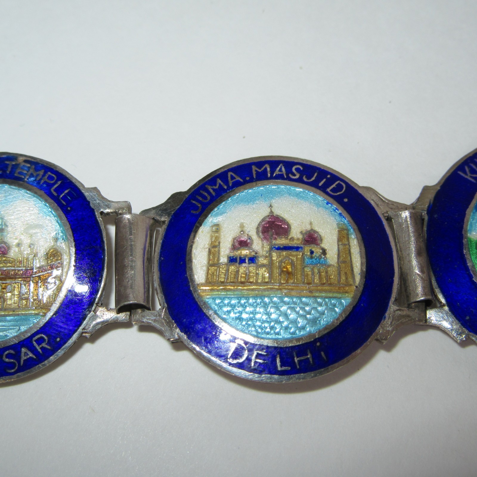 VTG Art Deco Silver Enamel India Souvenir Bracelet Taj Mahal Golden Temple Delhi