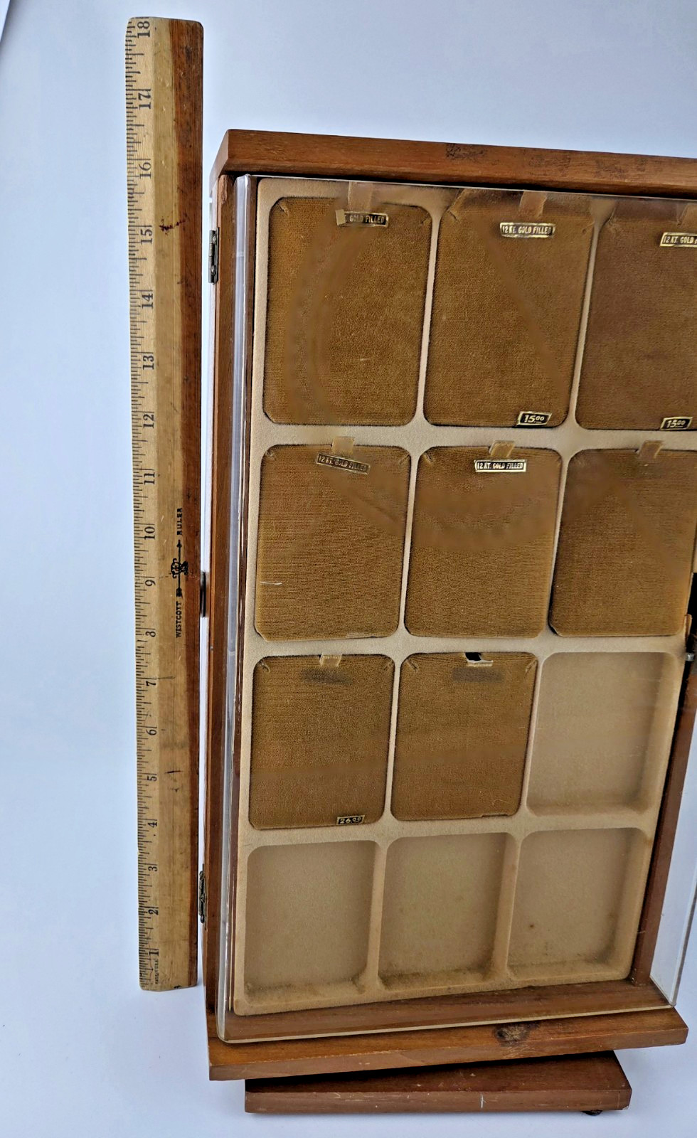 Vtg Rotating Wood & Plexiglass Jewelry Display Case Countertop Key 16″ Original