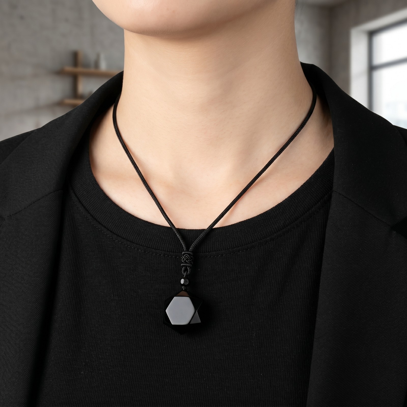 Natural Black Obsidian Star Pendant Necklace Adjustable Wax Cord Protection