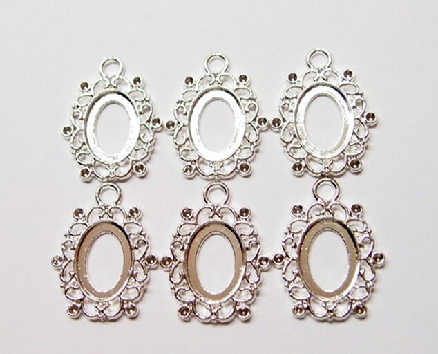 15 of 18x13mm Victorian Shiny Silver Round Oval Loops Pendant Settings 34x26mm