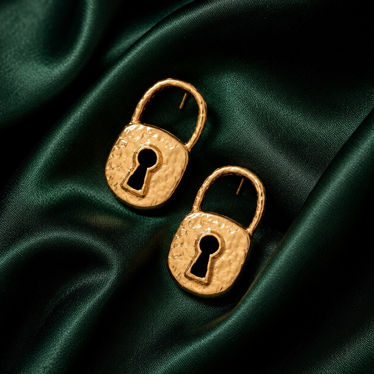 Padlock Earrings Chunky Keyhole Gold Hammered Stud Steampunk Statement Molten