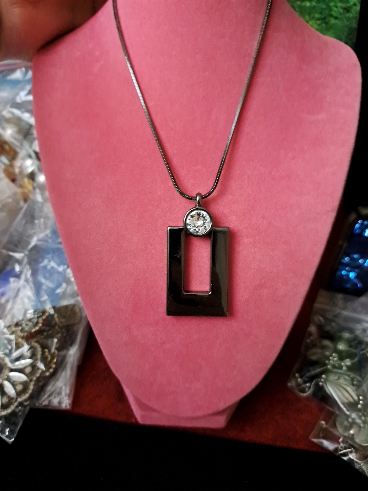 White House Black Market Gray Metallic Gothic Rectangle Crystal Pendant Necklace