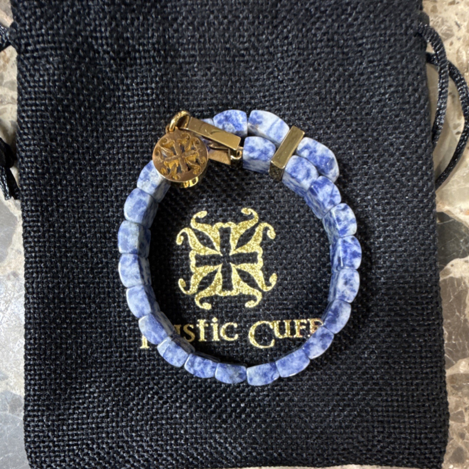 Rustic Cuff Blue Stone Beaded Bracelet Gold Dangle Charm Round 7″