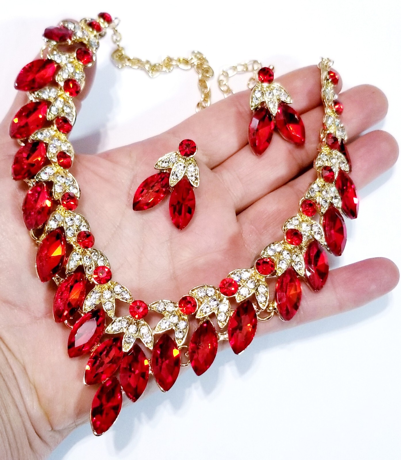 Red Crystal Choker Rhinestone Necklace Earring Set Bridal Prom Pageant