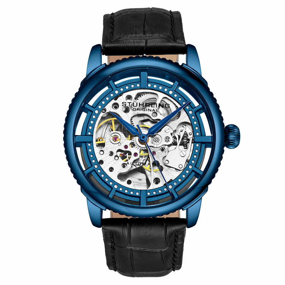 Stuhrling 3933 2 Winchester Automatic Skeleton Black Leather Strap Mens Watch