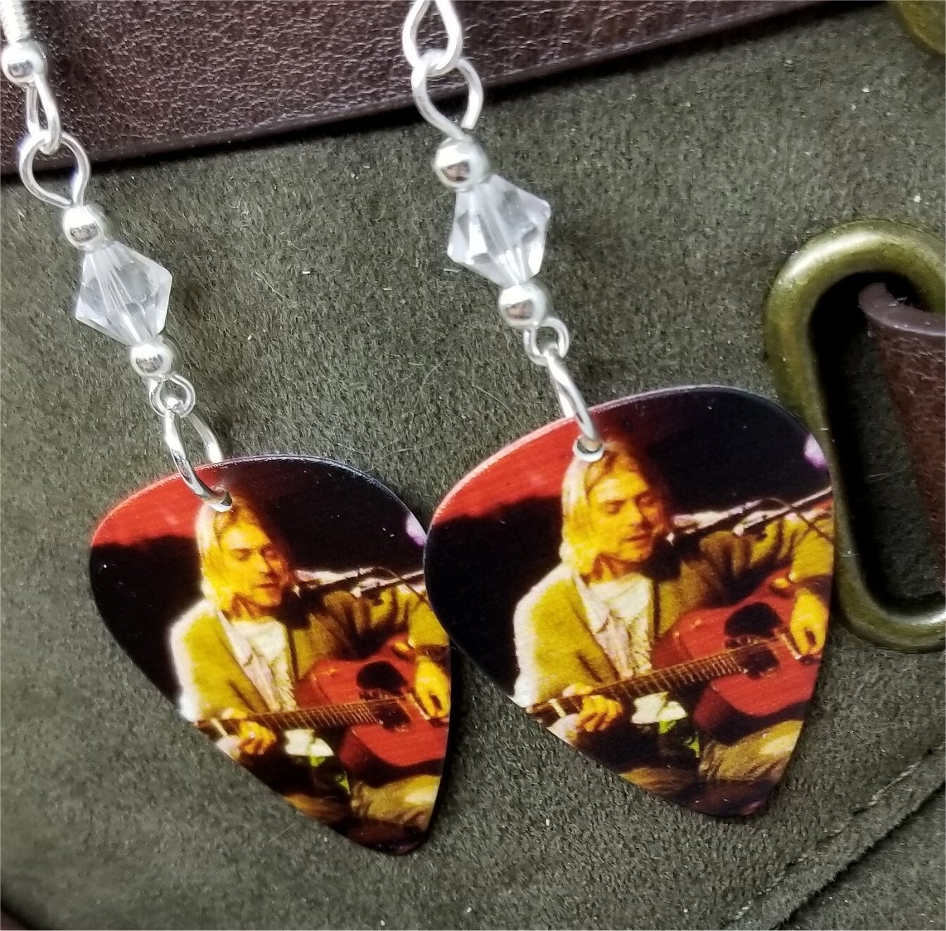 Nirvana Kurt Cobain on Stage Guitar Pick Earrings With Clear Swarovski Crystals