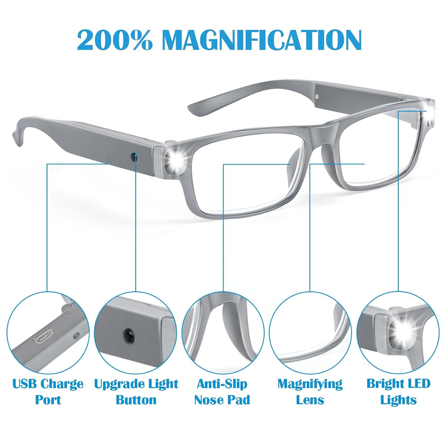 200% Magnifying Glasses with Light,USB Rechargeable LED Lighted Magnifying Eyewe