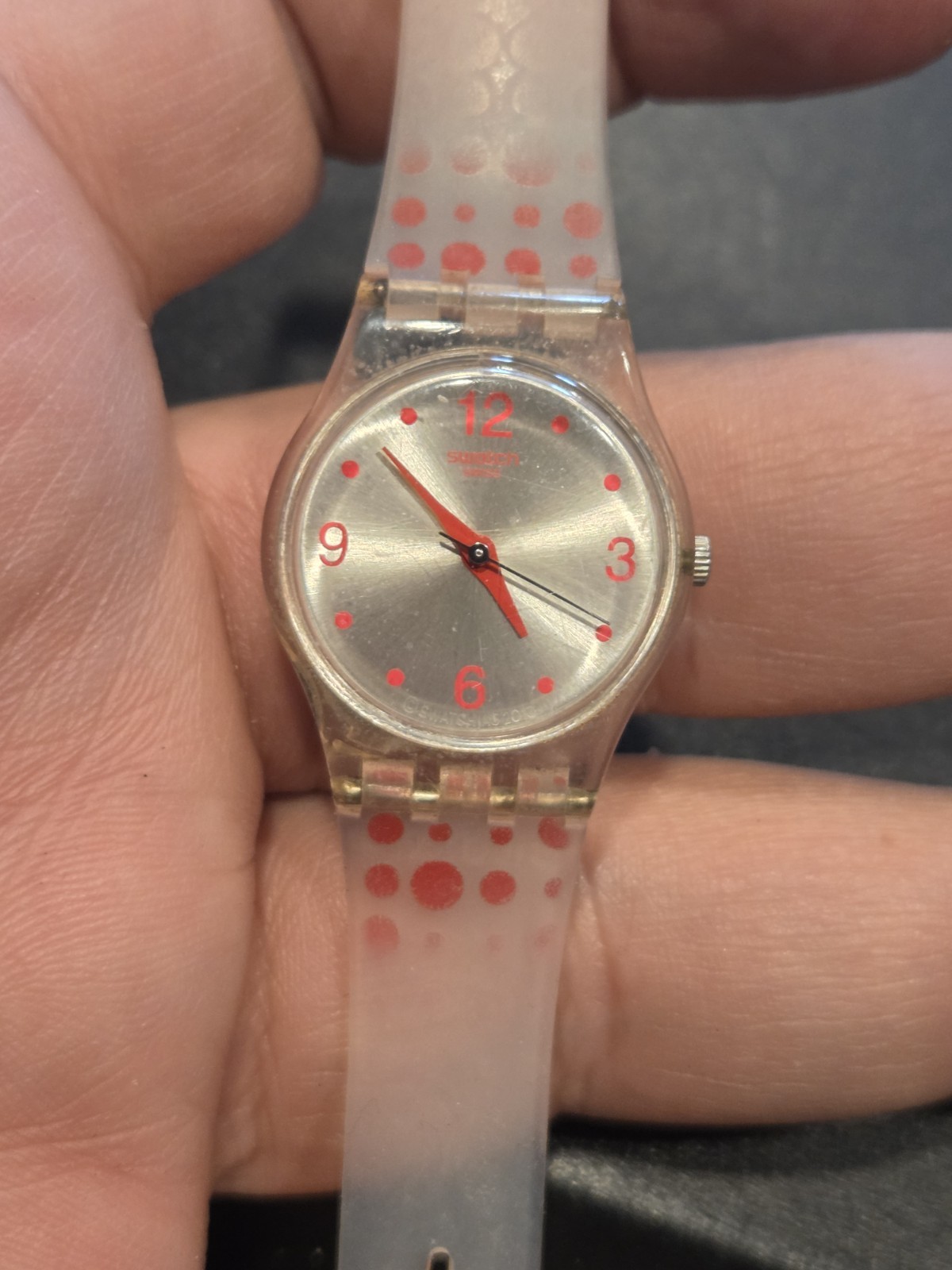 Vtg Swatch Watch 80’s 90’s Rare Red Darling 8″ Quartz Polka Dot Transparent C201