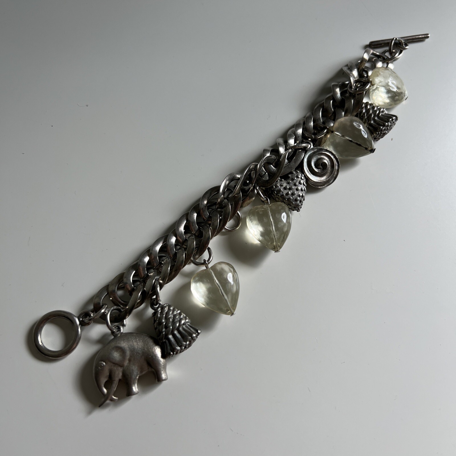 Vintage Silver Metal Chain Charm Bracelet Jewelry Lucite Heart Elephant Tassel