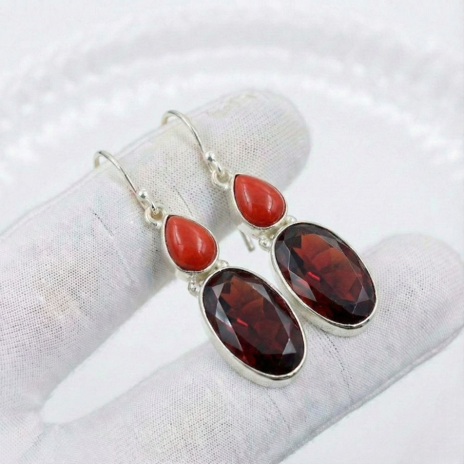 Red Garnet & Red Coral Earrings 925 Sterling Silver Handmade Dangle Earrings