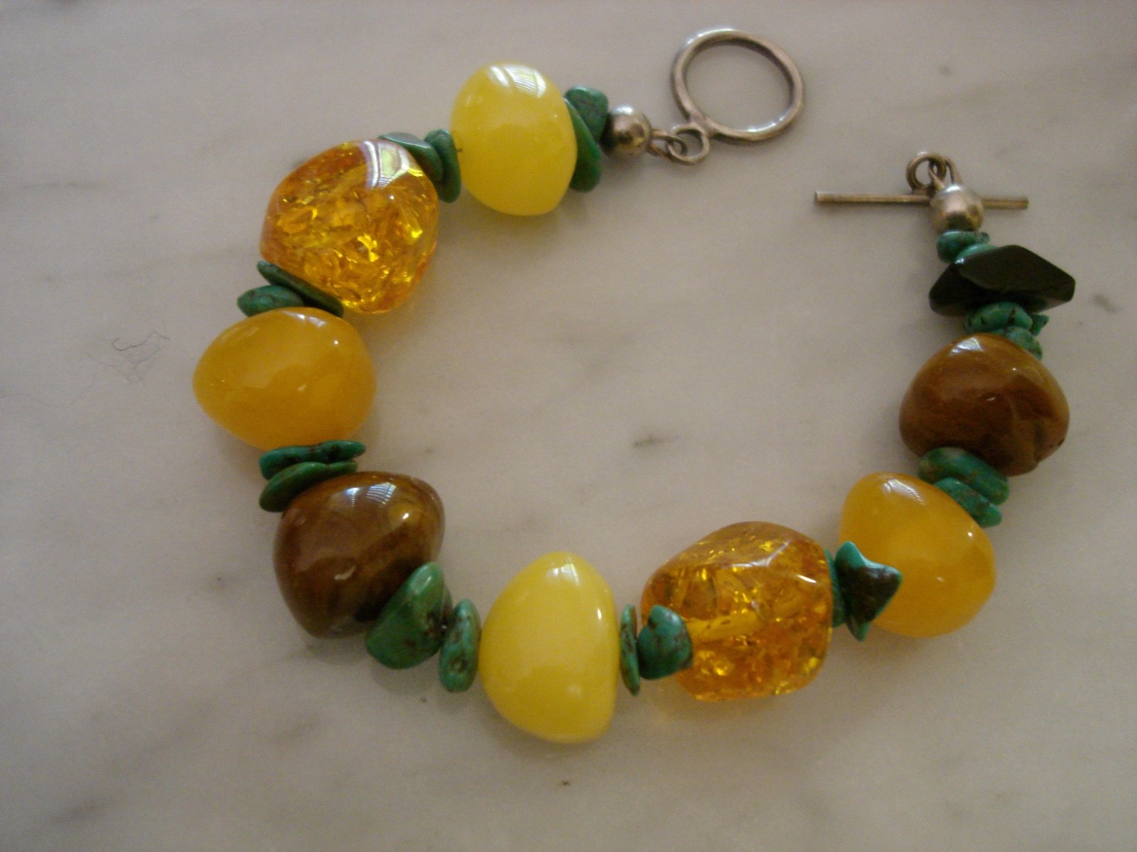Vintage Navajo Baltic Butterscotch Amber Turquoise Nugget Bracelet