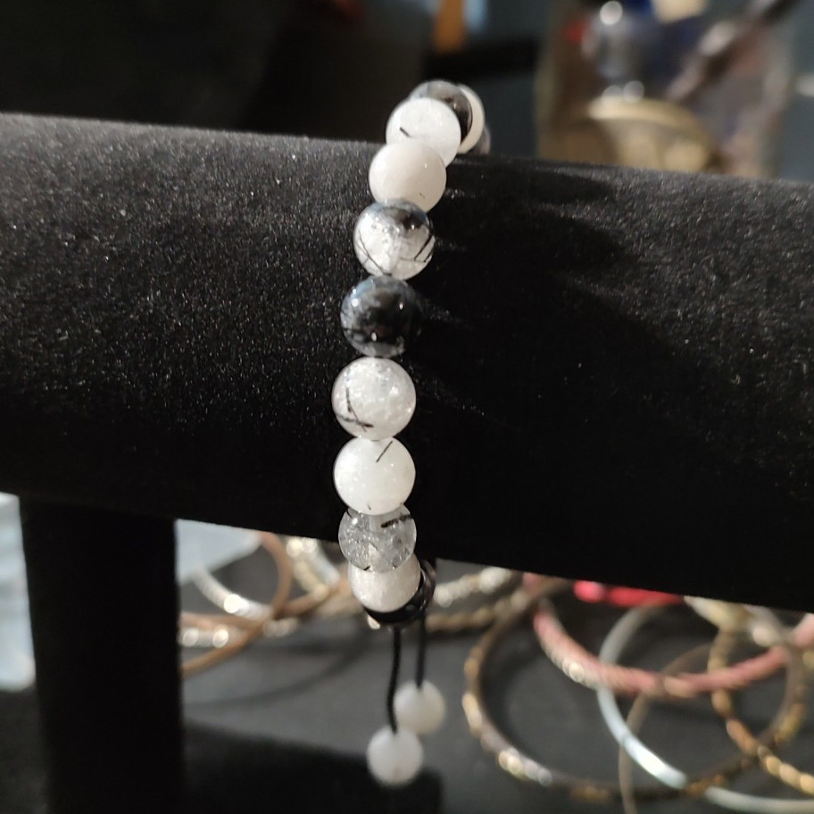 Black White Gray Round Stone Beaded Adjustable Cord Bracelet, Slide Closure