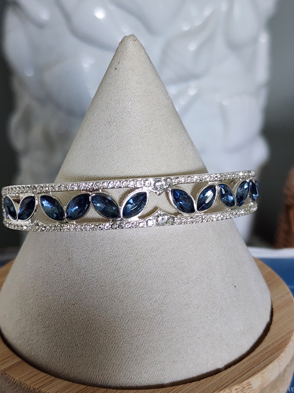 Anne Klein Silver Tone Blue Marquise Crystal Pavé Hinged Stackable Bangle NWT
