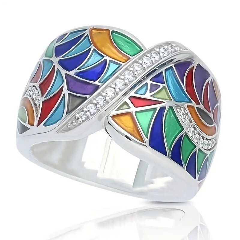 Fashion Women White Gold Plated CZ Multicolor Enamel Wide Band Ring