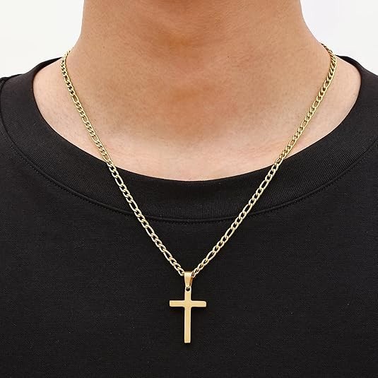 Collar de cruz chapado en oro de 14 quilates para hombre, cadena Figaro de acero