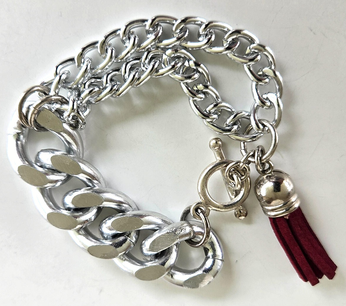Vintage Silver Tone Aluminum Chain Burgundy Leather Tassel Bracelet 7-1/8″