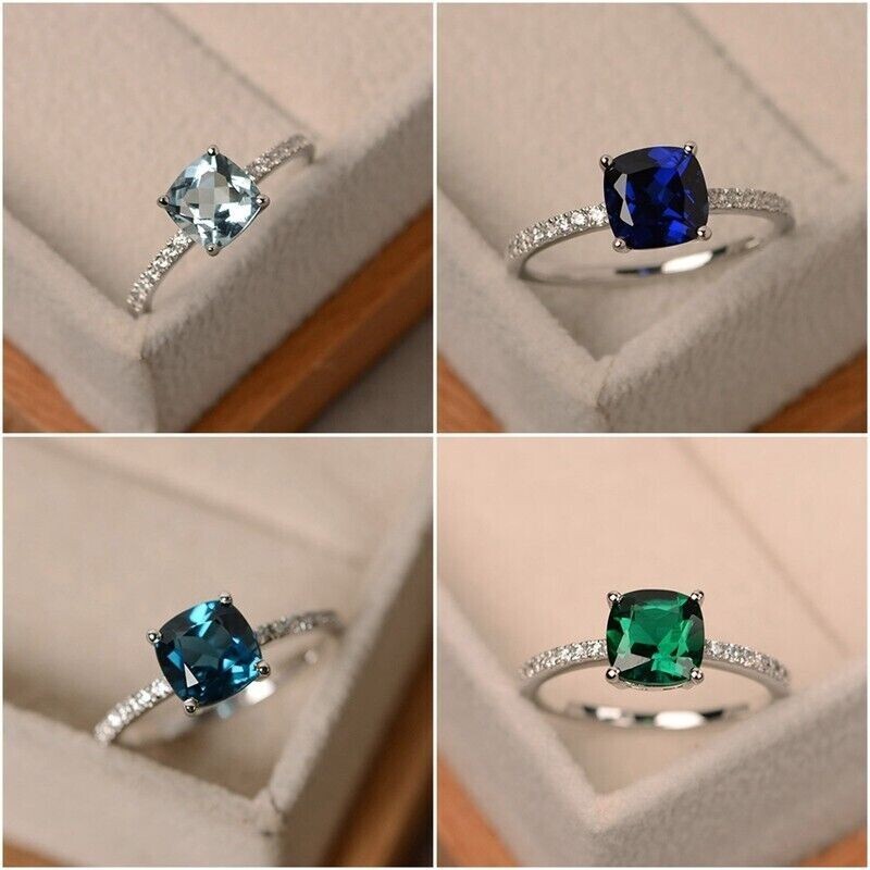 Silver Plated 2Ct Simulated Aquamarine Beautiful Dainty Ring Wife Valentine Gift