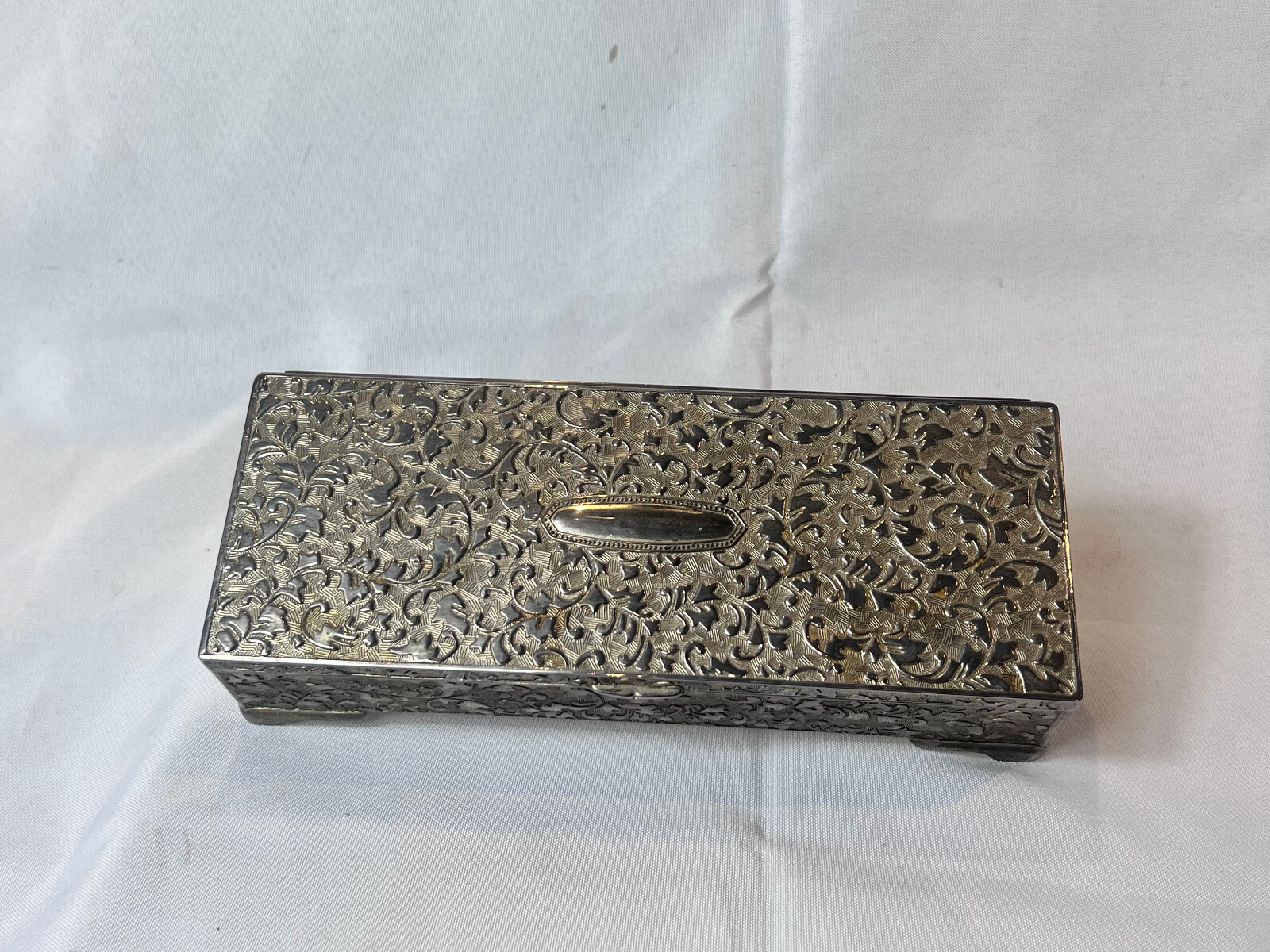 Vtg Silver Tone Jewelry Box Mirrored Dresser Vanity Table Top Lined Case