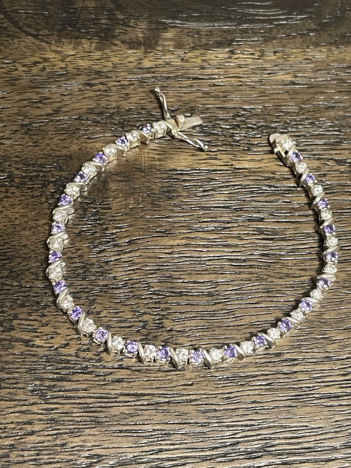 Vtg Sterling Silver Amethyst Crystal ￼Tennis Bracelet 7.5″. Box Clasp 13.7g