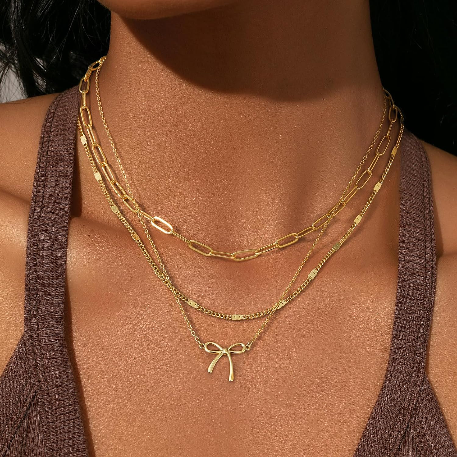 Layered Glod Bow Necklaces for Women 14K Gold Plated Stackable Dainty Choker Nec