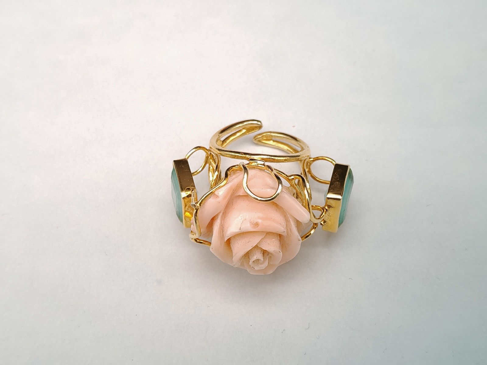 Women’s Ring Real Coral Pink Band 925 Silver Plac Yellow Gold Handmade