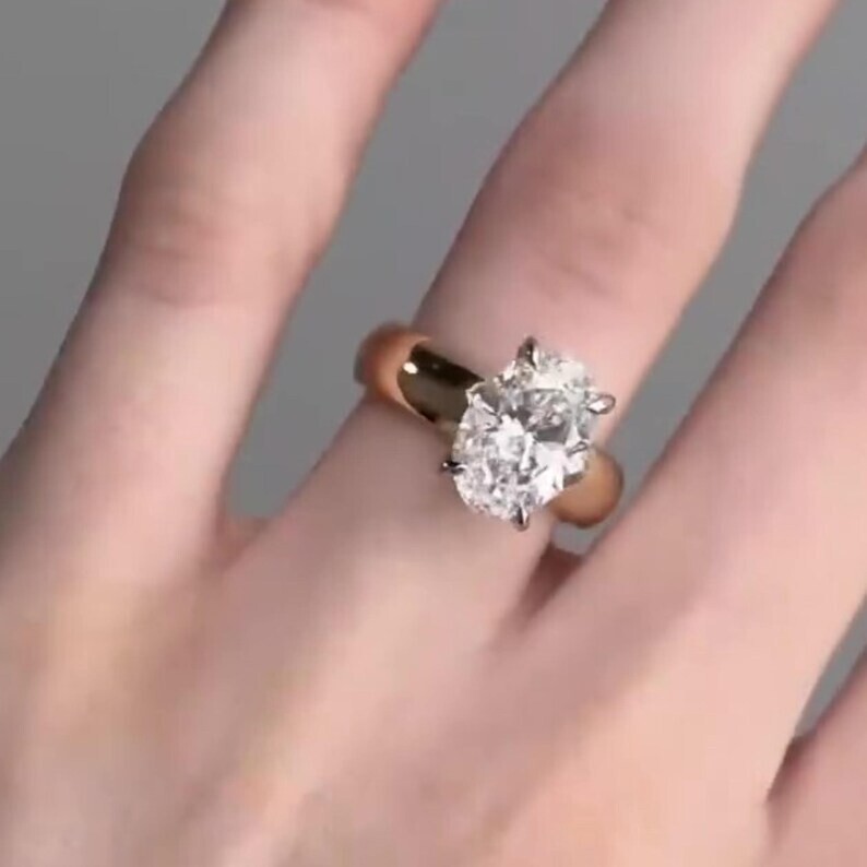 Two-Tone 2.5Ct Oval Moissanite Solitaire Wide Band Engagement Ring 14k Gold Over