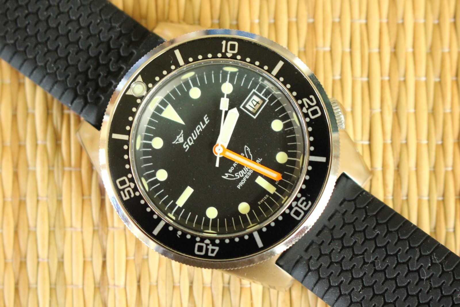 SQUALE 1521 50ATM BLACK DATE DIAL & BRACELET ITALIAN PRO DEEP DIVERS WATCH SET